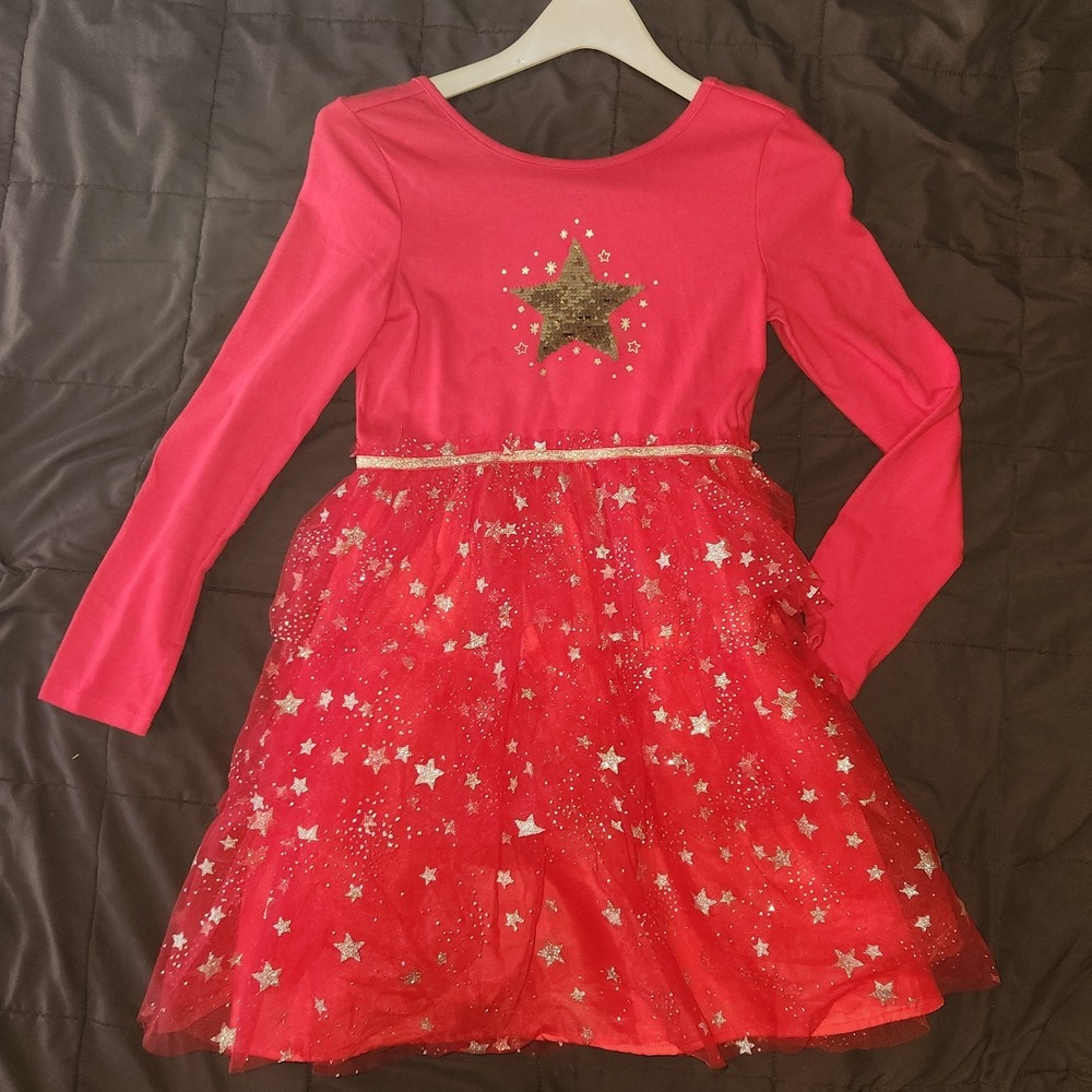 Girls' Long Sleeve Star Tiered Tulle Dress - Cat & Jack Red Small Size 10/12